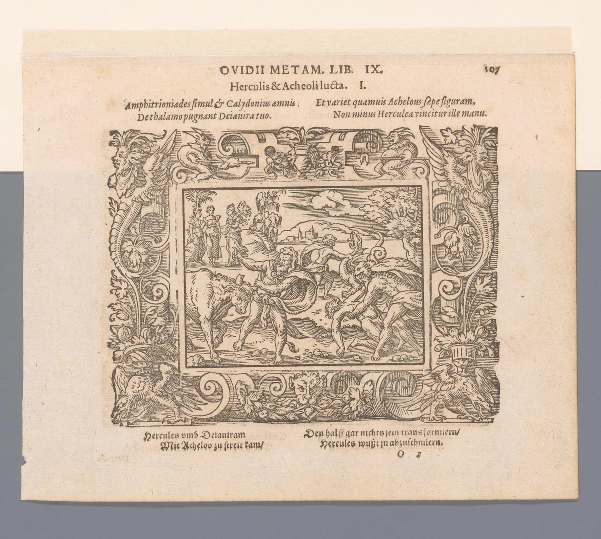 Hercules in gevecht met Acheloüs by Virgilius Solis, print, 1569
