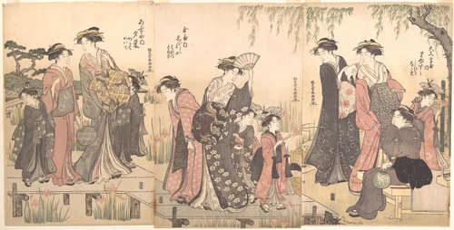 Courtesans in an Iris Garden by Katsukawa Shunchō (勝川春潮), print, 1767-1799