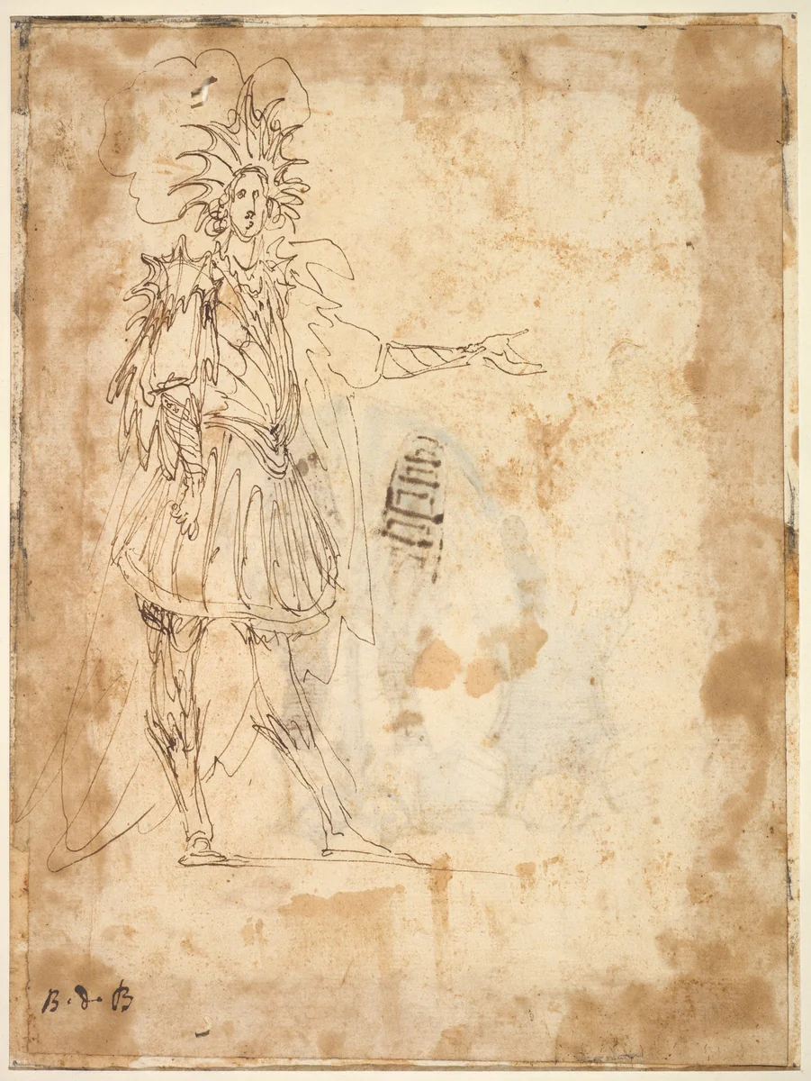 Costume Design with a Large Headdress and Long Cape by Baccio del Bianco, drawing, 1604-1656