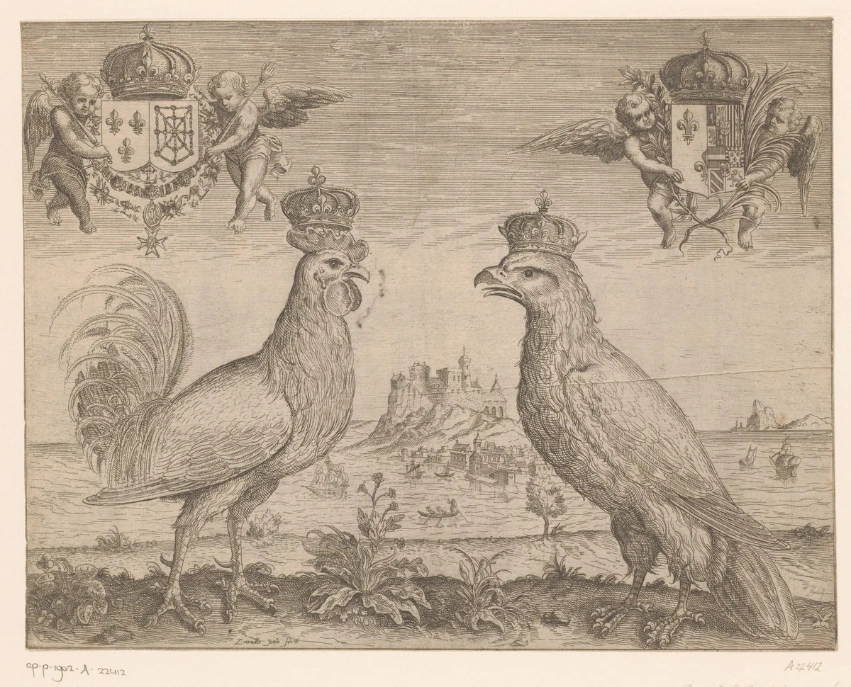 Franse haan tegenover Spaanse raaf by Unknown, print, 1585-1628