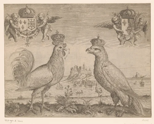 Franse haan tegenover Spaanse raaf by Unknown, print, 1585-1628