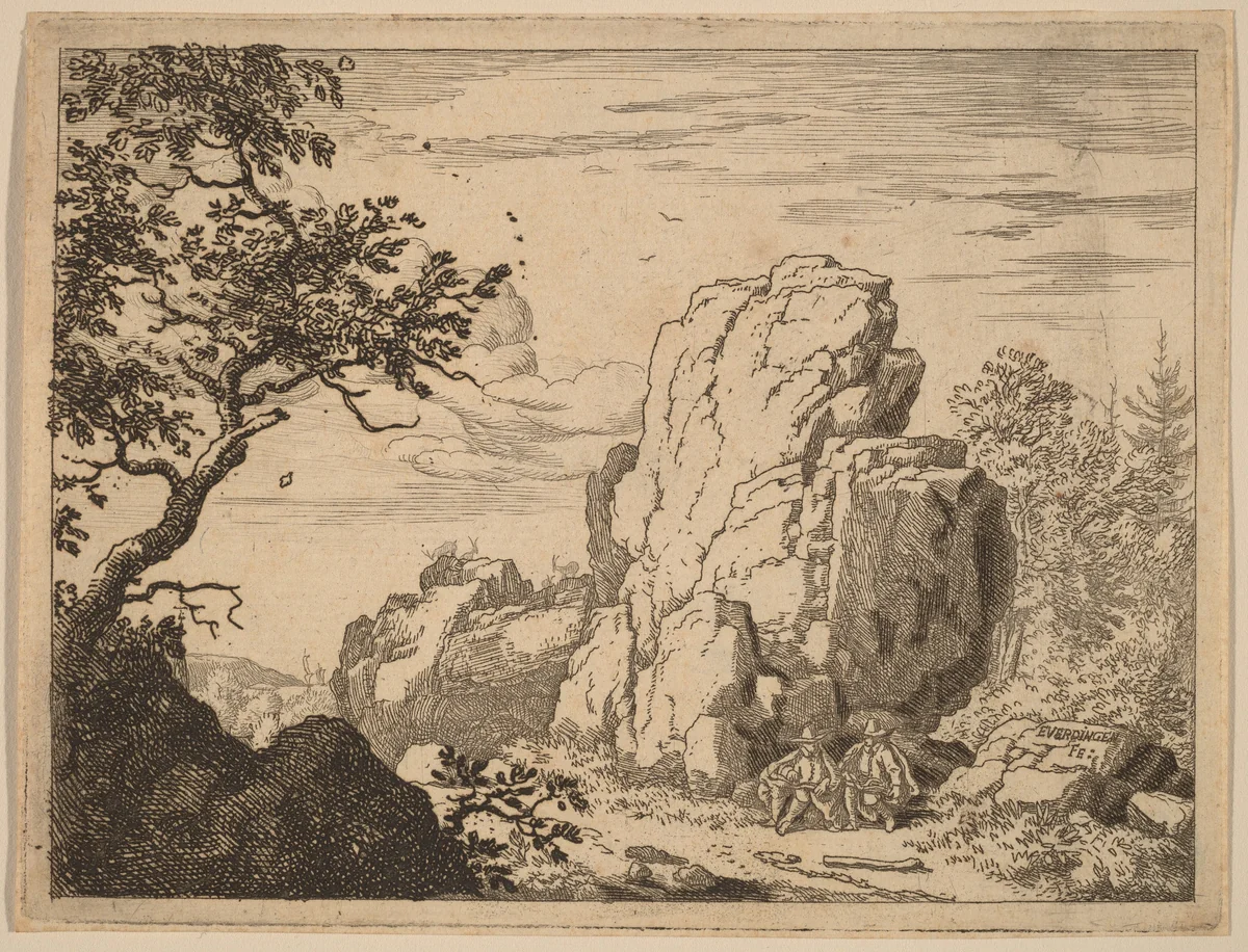 Two Men Seated at the Foot of a High Rock by Allart van Everdingen, print, 1645-1656