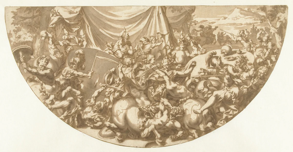 Strijd tussen de Centauren en Lapithen op de bruiloft van Perithoüs en Hippodamea by Jan de Bisschop, drawing, 1638-1671