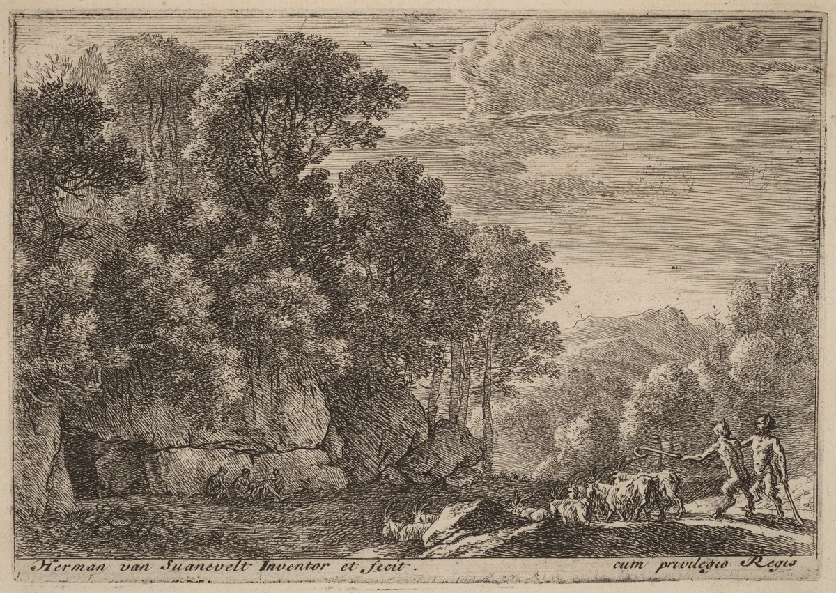 Two Satyrs Tending a Flock of Goats by Herman van Swanevelt, print, 1600-1655