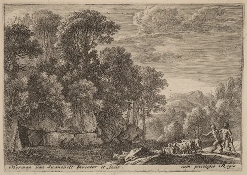 Two Satyrs Tending a Flock of Goats by Herman van Swanevelt, print, 1600-1655