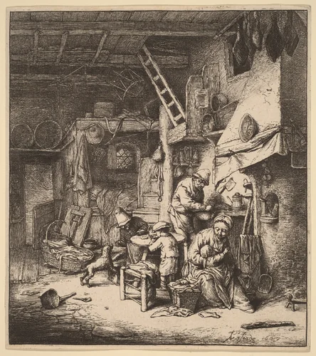 Peasant Family in an Interior with the Mother Feeding a Child by Adriaen van Ostade, print, 1647