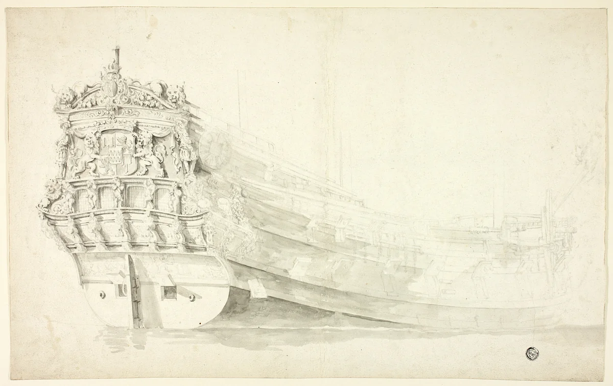 Dutch Ship with Ornamental Prow Seen from Starboard Quarter by Willem van de Velde, drawing, 1631-1707