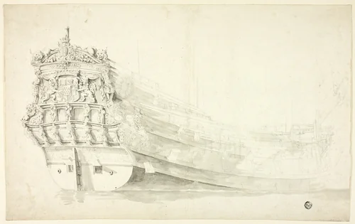 Dutch Ship with Ornamental Prow Seen from Starboard Quarter by Willem van de Velde, drawing, 1631-1707