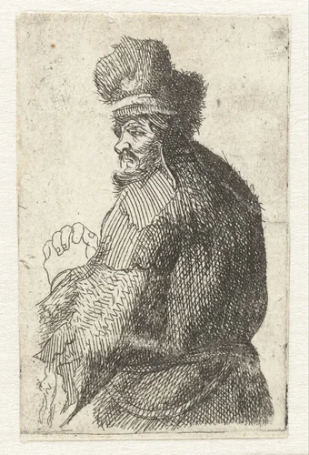 Old man seen from behind, profile right: half figure by anonymous, print, 1630
