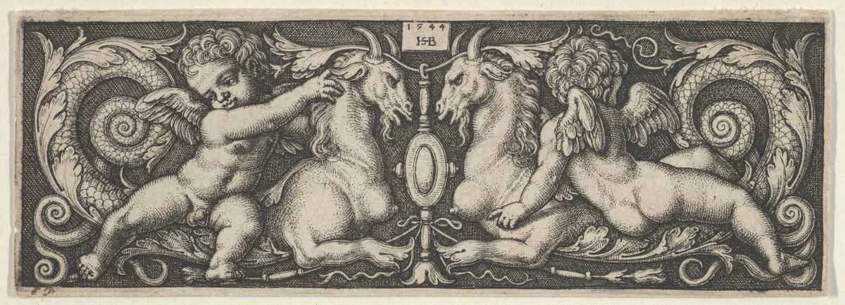 Horizontal Panel with Two Genii Riding on Two Chimeras by Sebald Beham, print, 1544