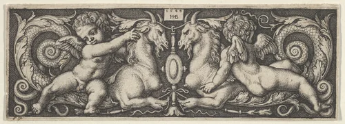 Horizontal Panel with Two Genii Riding on Two Chimeras by Sebald Beham, print, 1544