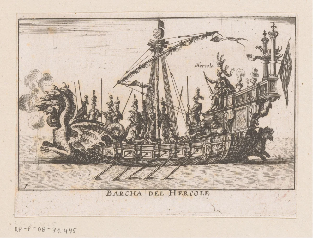 Schip met Hercules op het achtersteven by anonymous, print, 1635