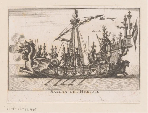 Schip met Hercules op het achtersteven by anonymous, print, 1635