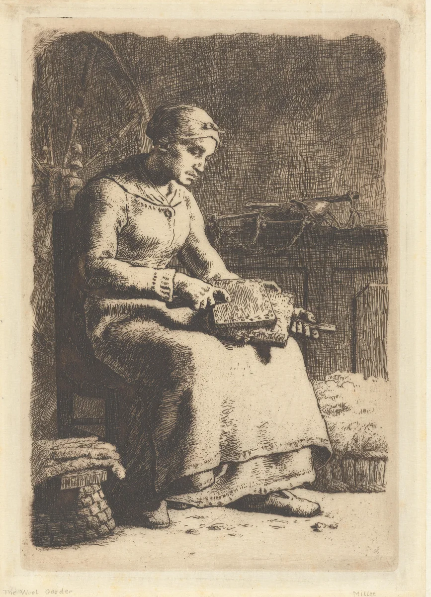 Vrouw zit op stoel en kaardt wol by Jean-François Millet, print, 1855-1857