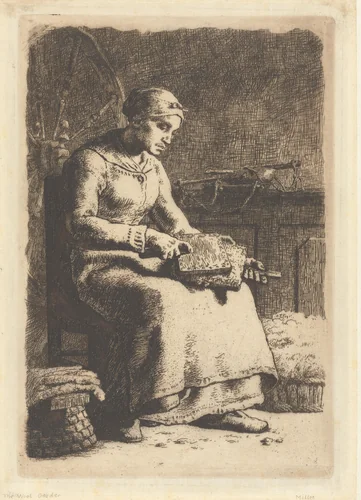 Vrouw zit op stoel en kaardt wol by Jean-François Millet, print, 1855-1857