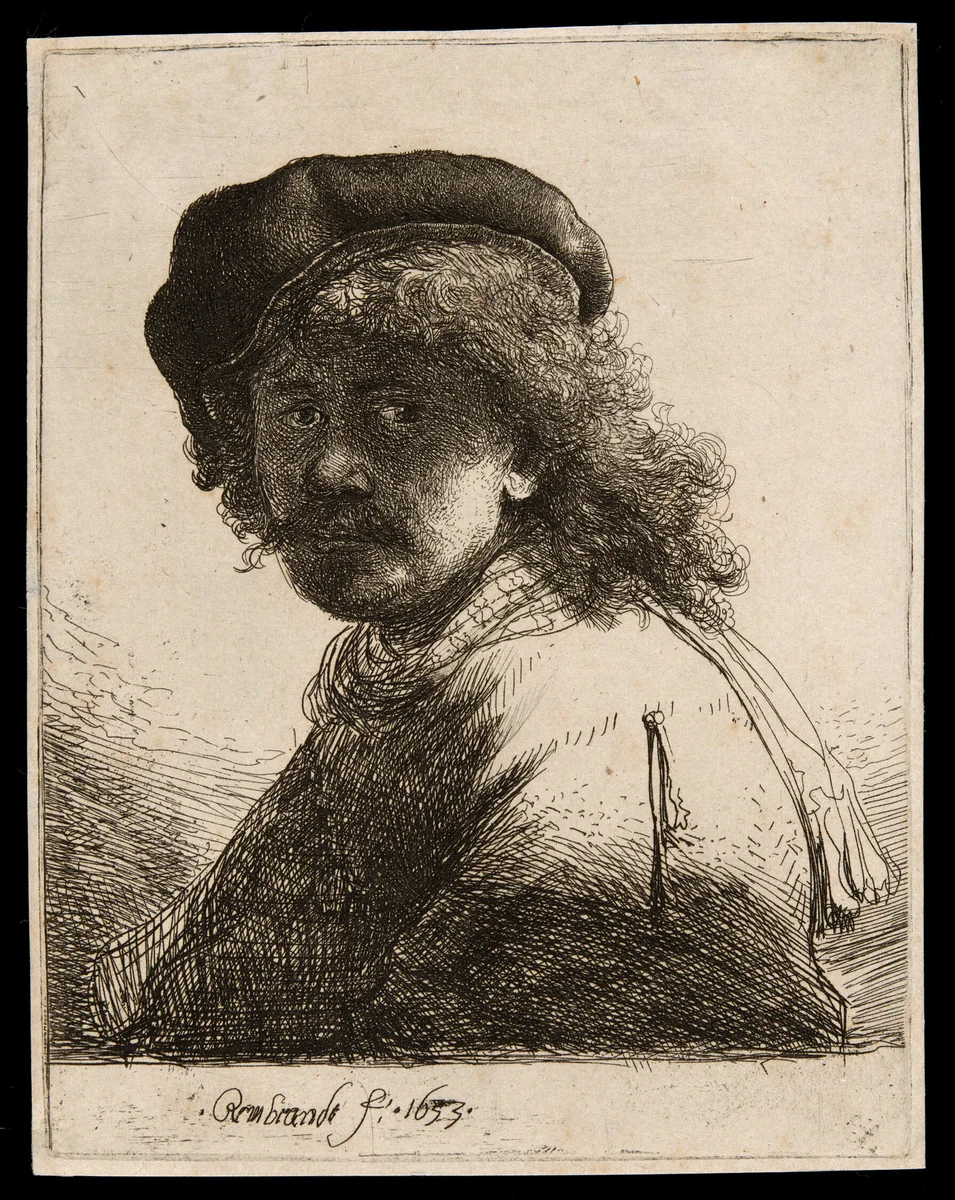 Self-Portrait in a Cap and Scarf with the Face Dark: Bust by Rembrandt van Rijn, print, 1633
