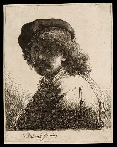Self-Portrait in a Cap and Scarf with the Face Dark: Bust by Rembrandt van Rijn, print, 1633