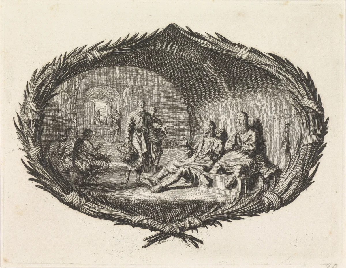 Gevangenen bezoeken by Jan Luyken, print, 1700