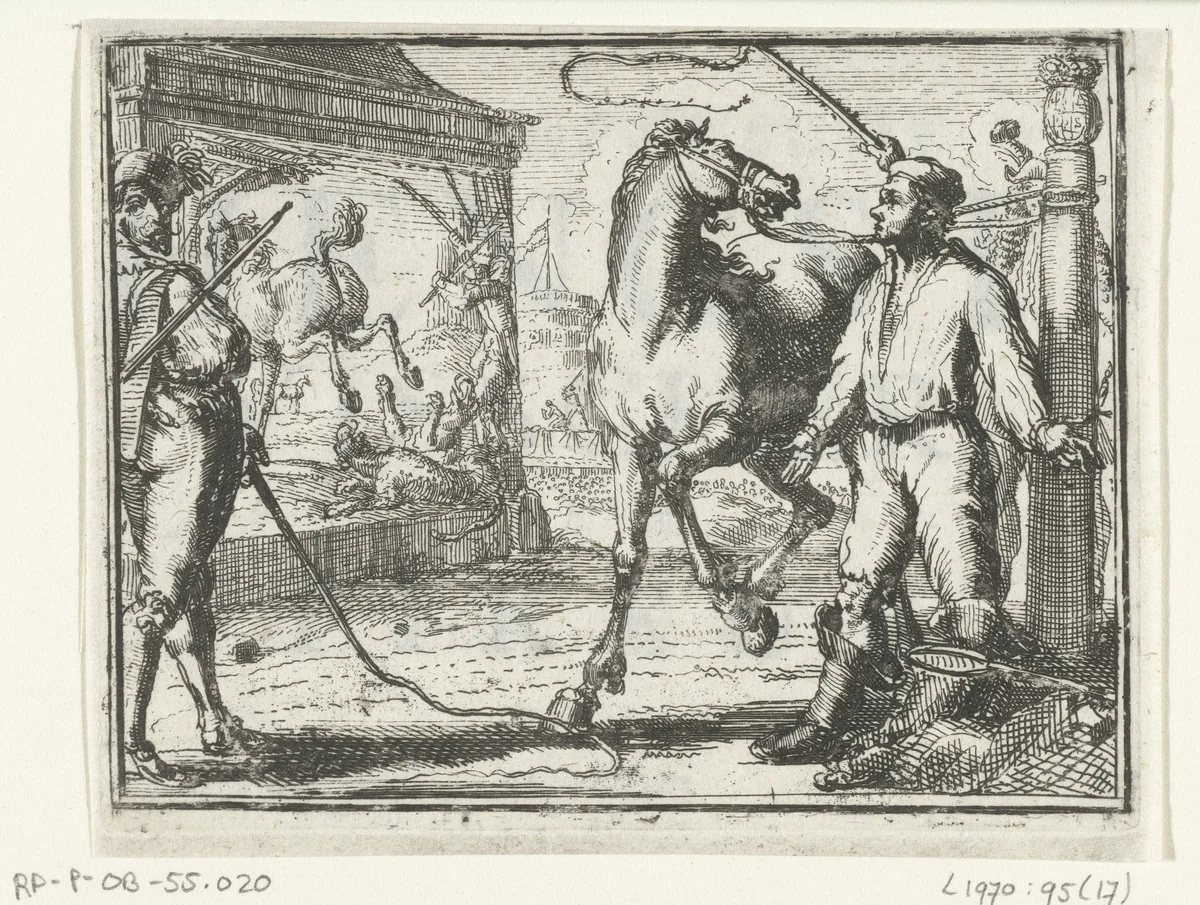 Titelblad voor het pamflet: De Napelsche Hengst, Visscher en Pikeur, 1701 by Romeyn de Hooghe, print, 1701