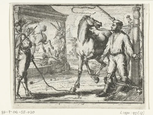 Titelblad voor het pamflet: De Napelsche Hengst, Visscher en Pikeur, 1701 by Romeyn de Hooghe, print, 1701