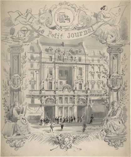 Drawing for title page "Le Petit Journal" by Hubert Clerget, drawing, 1830-1899