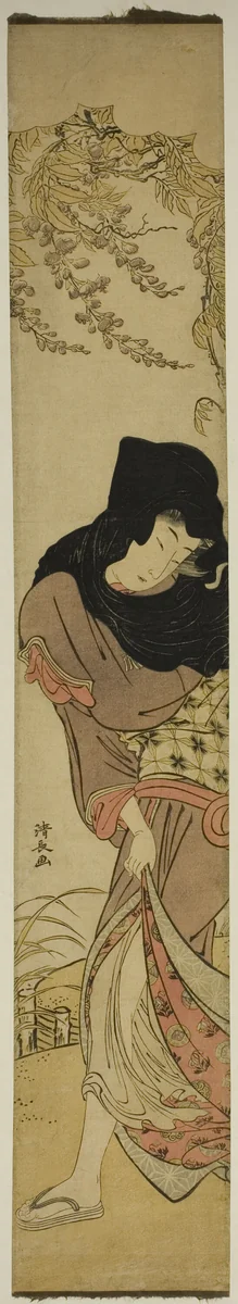 Woman under Windblown Wisteria by Torii Kiyonaga (鳥居清長), print, 1775-1785