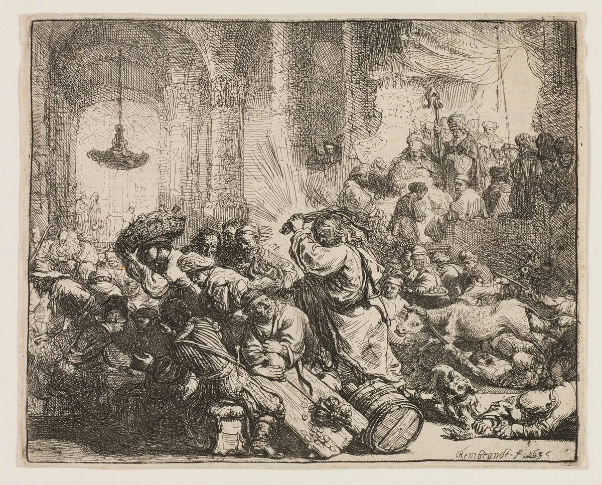 Christ Driving the Money Changers from the Temple by Rembrandt van Rijn, print, 1635