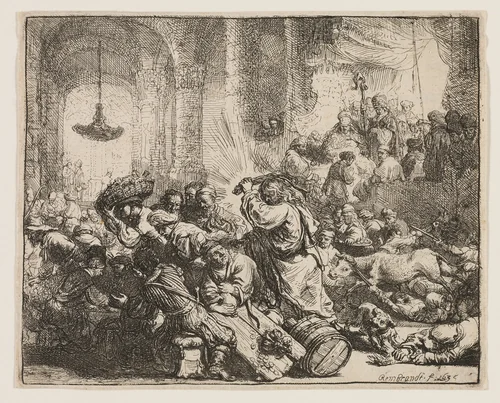 Christ Driving the Money Changers from the Temple by Rembrandt van Rijn, print, 1635
