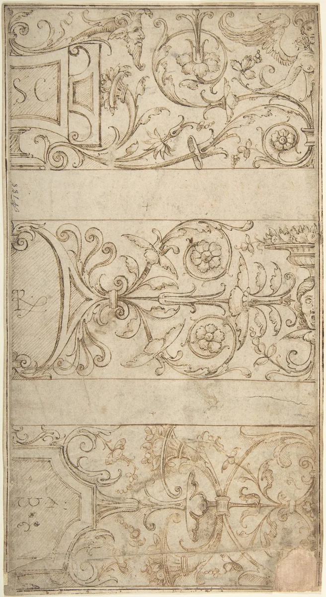 Antique-Style Ornamental Frieze Design: Lettered Panels, Rinceaux, and Masks by anonymous, drawing, 1500-1550