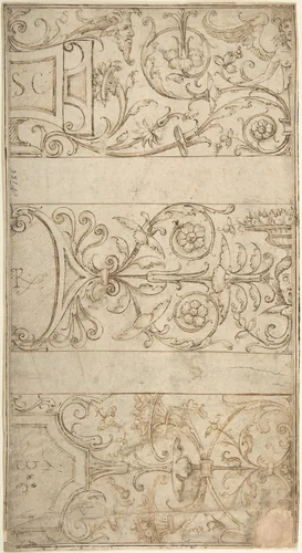 Antique-Style Ornamental Frieze Design: Lettered Panels, Rinceaux, and Masks by anonymous, drawing, 1500-1550
