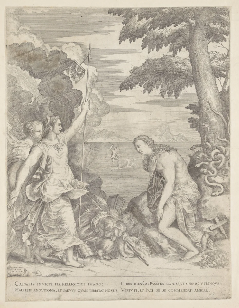 Religie wordt gered door Spanje by Unknown, print, 1553-1582