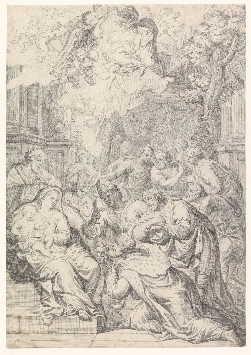 De aanbidding der koningen by Joan Catello, drawing, 1550-1700