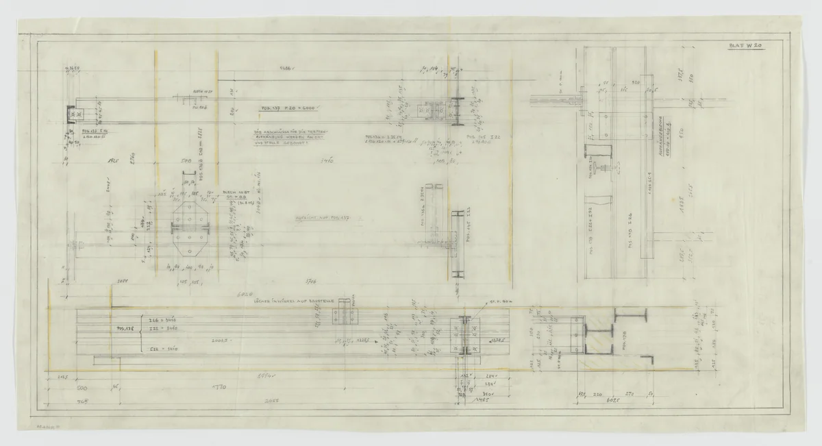 Hermann Lange House, Krefeld, Germany (Framing system. Joining detail sections.) by Ludwig Mies van der Rohe, mies van der rohe archive, 1927