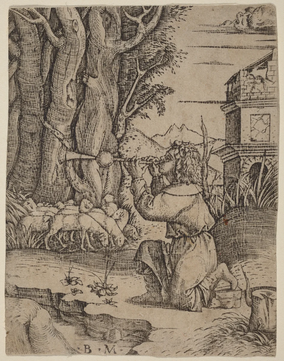 Shepherd with a Platerspiel by Benedetto Montagna, print, 1500-1515