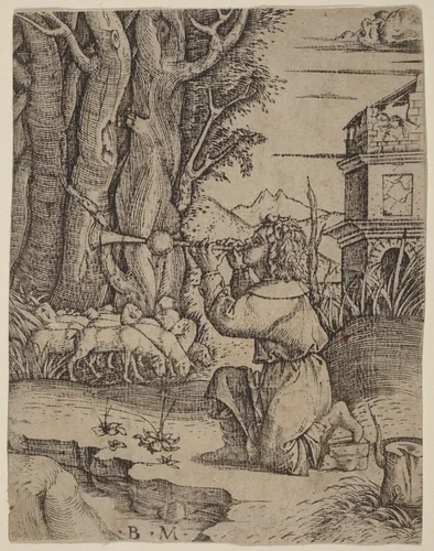 Shepherd with a Platerspiel by Benedetto Montagna, print, 1500-1515