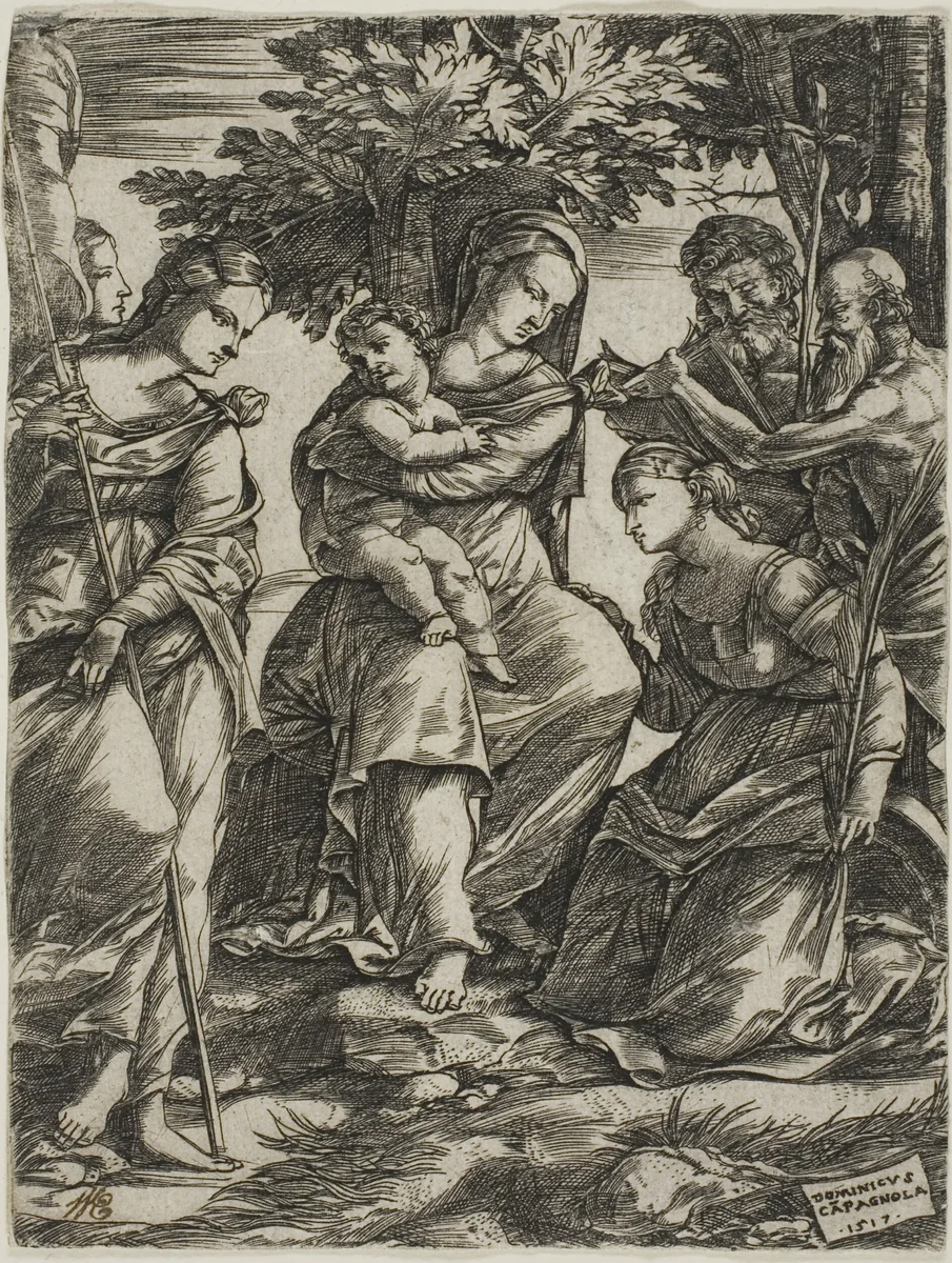Virgin and Child with Saints by Domenico Campagnola, print, 1517