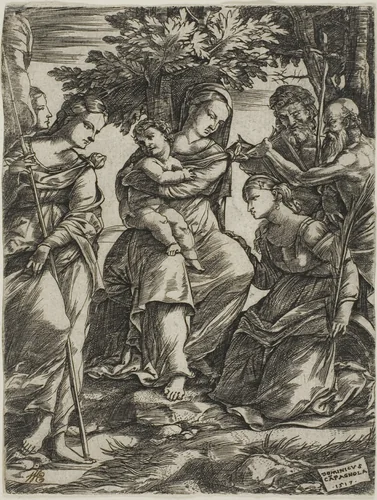 Virgin and Child with Saints by Domenico Campagnola, print, 1517