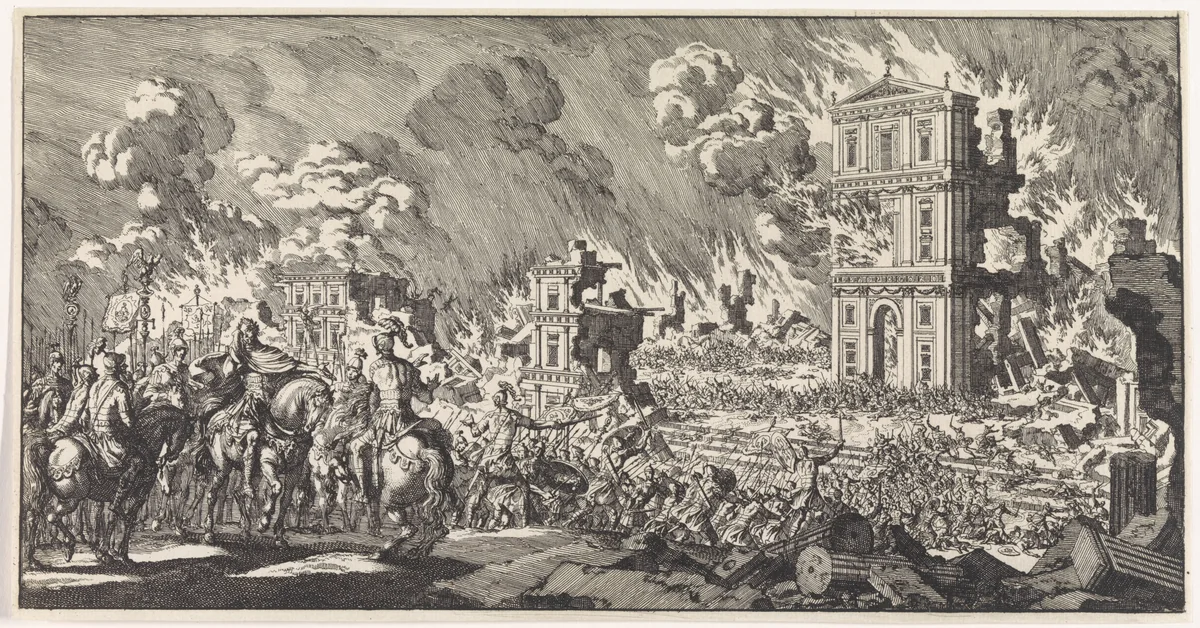 Romeinen verwoesten een Joodse tempel te Jeruzalem by Jan Luyken, print, 1705