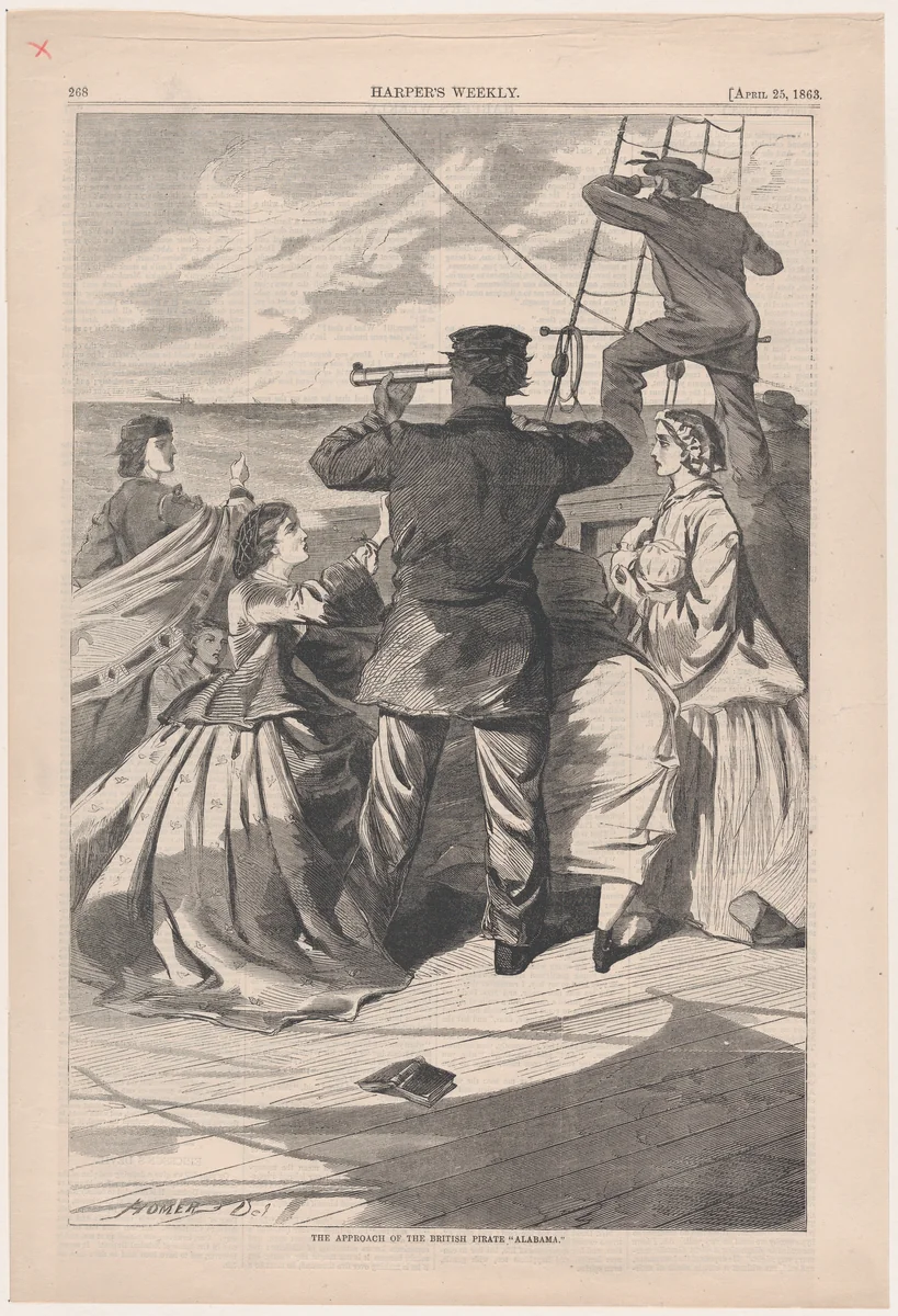 The Approach of the British Pirate "Alabama" (from "Harper's Weekly," Vol. VII) by Winslow Homer, print, 1863