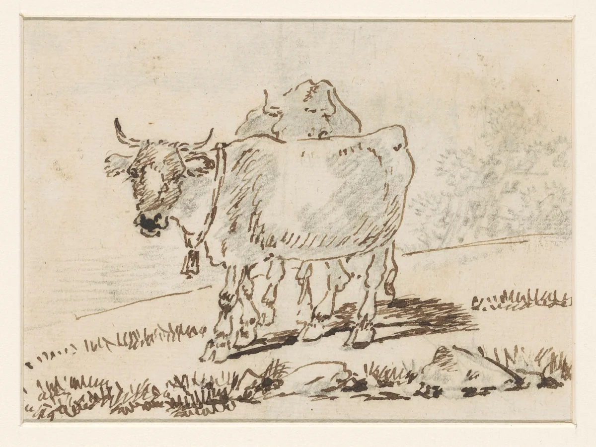 Twee koeien, waarvan de voorste een bel draagt by David de Sandoz-Rollin, drawing, 1750-1809