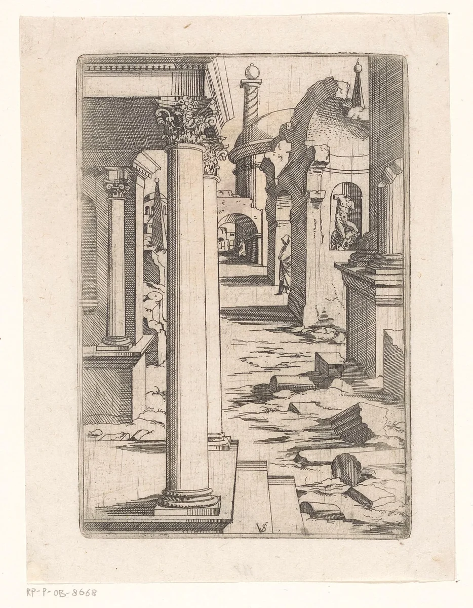 Gezicht op een straat met antieke ruïnes by Unknown, print, 1550-1562