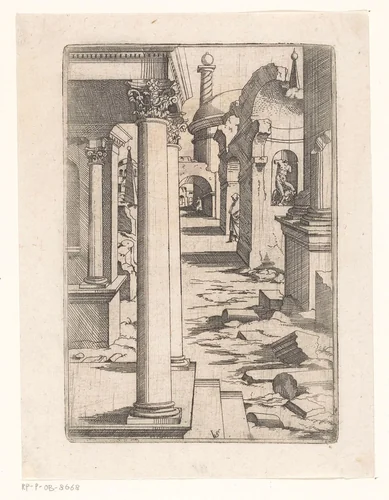 Gezicht op een straat met antieke ruïnes by Unknown, print, 1550-1562