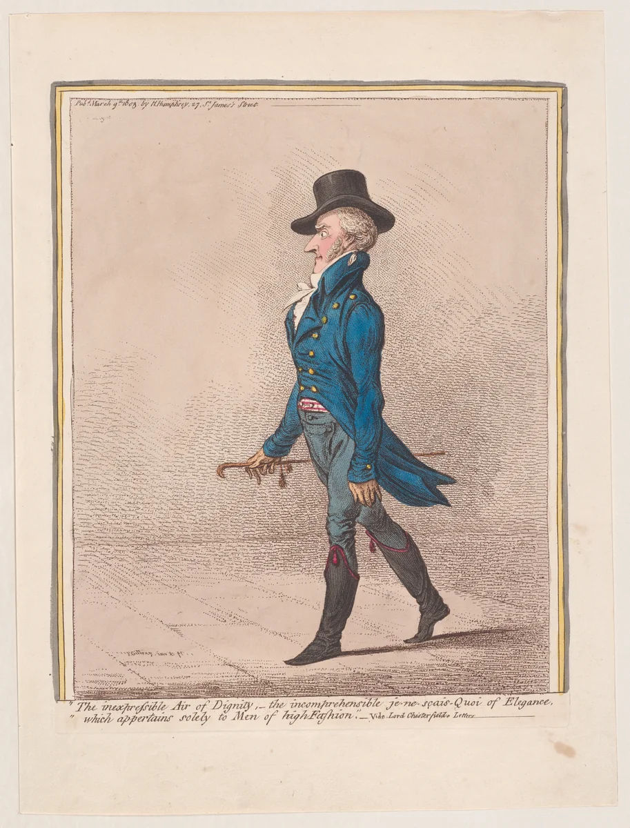 "The Inexpressible Air of Dignity,–the Incomprehensible je-ne-sais Quoi of Elegance, which Appertains Solely to Men of High Fashion."–Vide, Lord Chesterfield's Letters by James Gillray, print, 1803