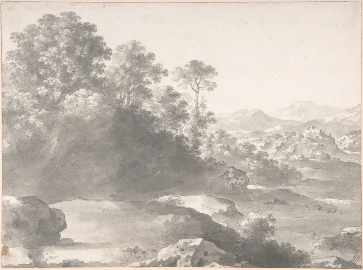 Landscape by Cornelis van Poelenburch, drawing, 1609-1667