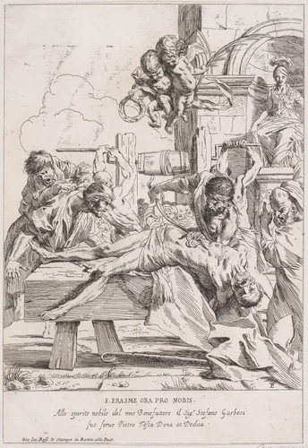 The martyrdom of Saint Erasmus who is prostrate having his innards removed by anonymous, print, 1630-1660