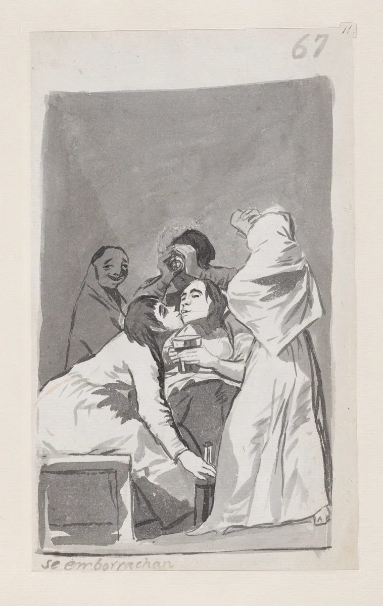 They are getting drunk; folio 67 (recto) from the Madrid Album "B" by Goya, drawing, 1796-1798