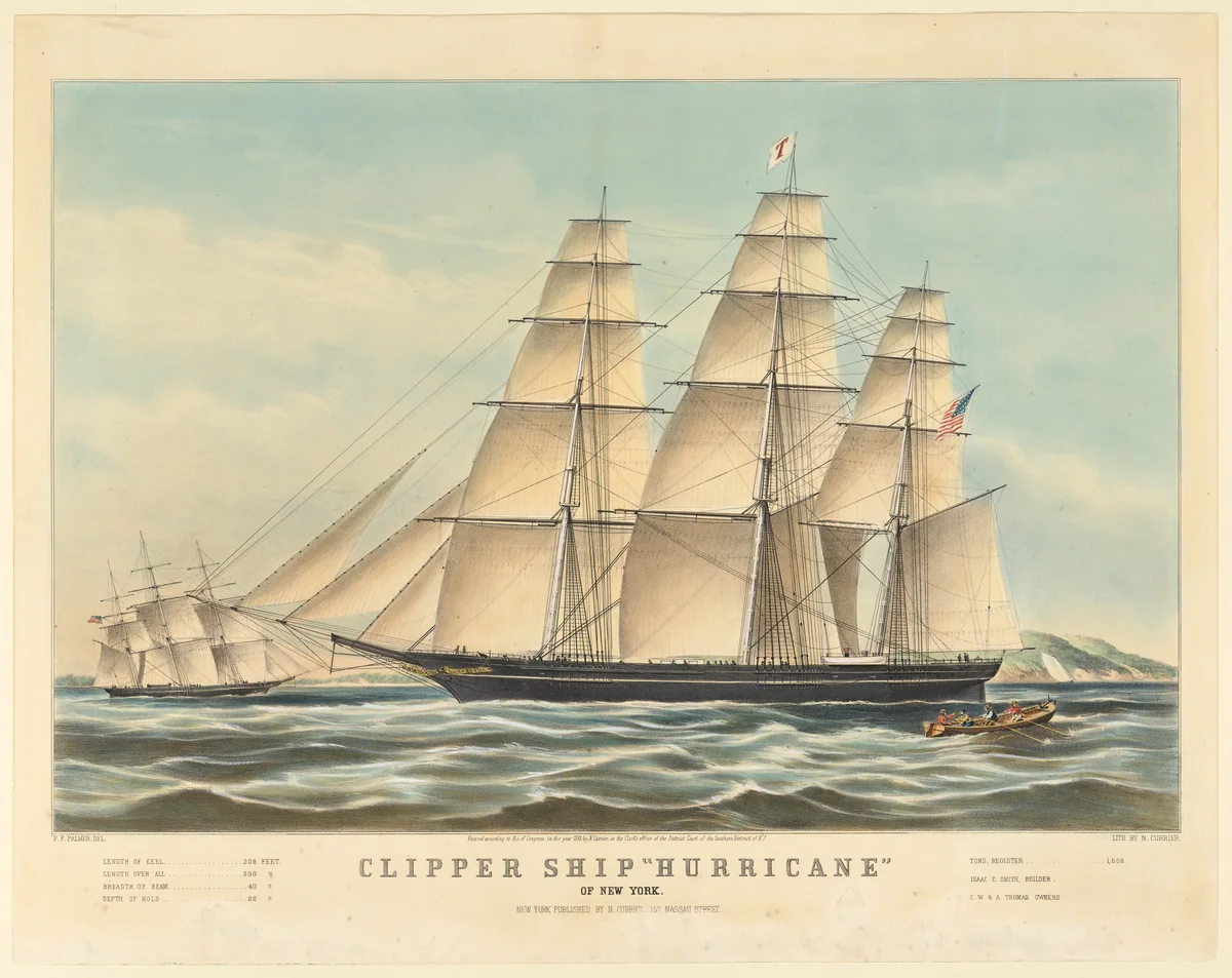 Clipper Ship "Hurricane" of New York by Frances Flora Bond Palmer, print, 1852