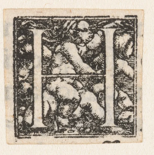 Letter H met vier kinderen van wie een kind zit op de rug van een kruipend kind by Hans Holbein, print, 1522-1526