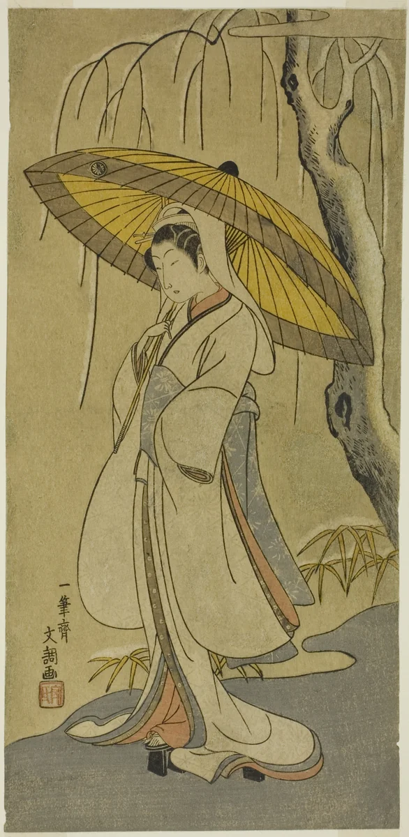 The Actor Segawa Kikunojo II as the Heron Maiden in the play "Cotton Wadding of Izu Protecting the Matrimonial Chrysanthemums (Myoto-giku Izu no Kisewata)," performed at the Ichimura Theater from the first day of the eleventh month, 1770 by Ippitsusai Buncho, print, 1770