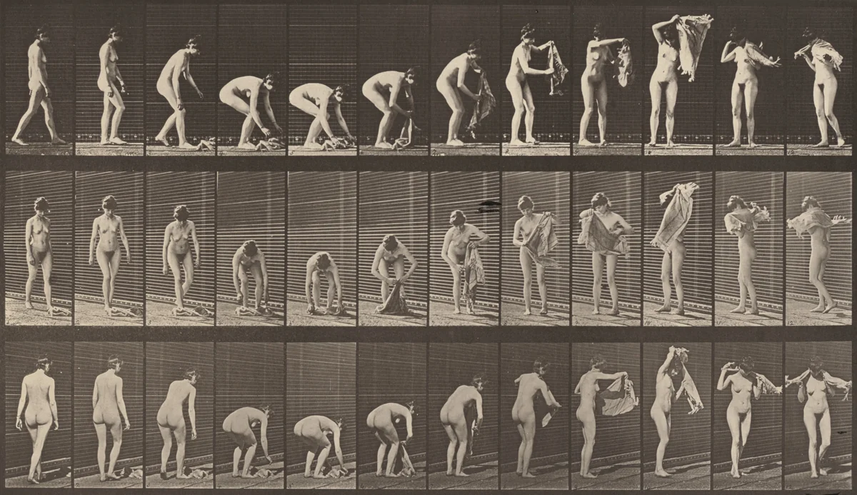 Plate Number 227. Lifting a cloth from the ground, placing it around shoulder and turning by Eadweard Muybridge, photograph, 1887